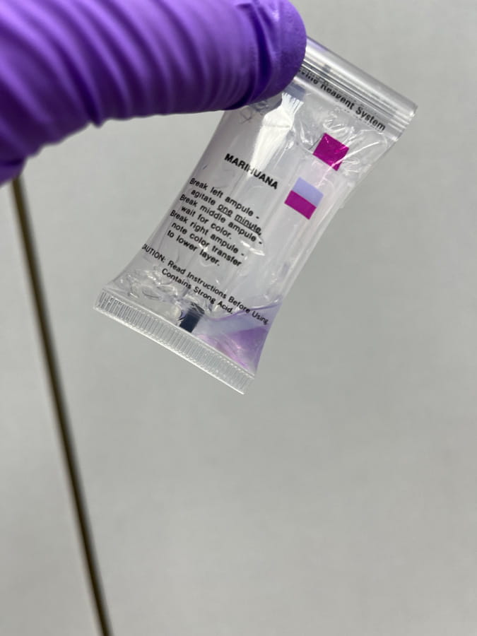 Small plastic tube showing a positive match for synthetic marihuana.