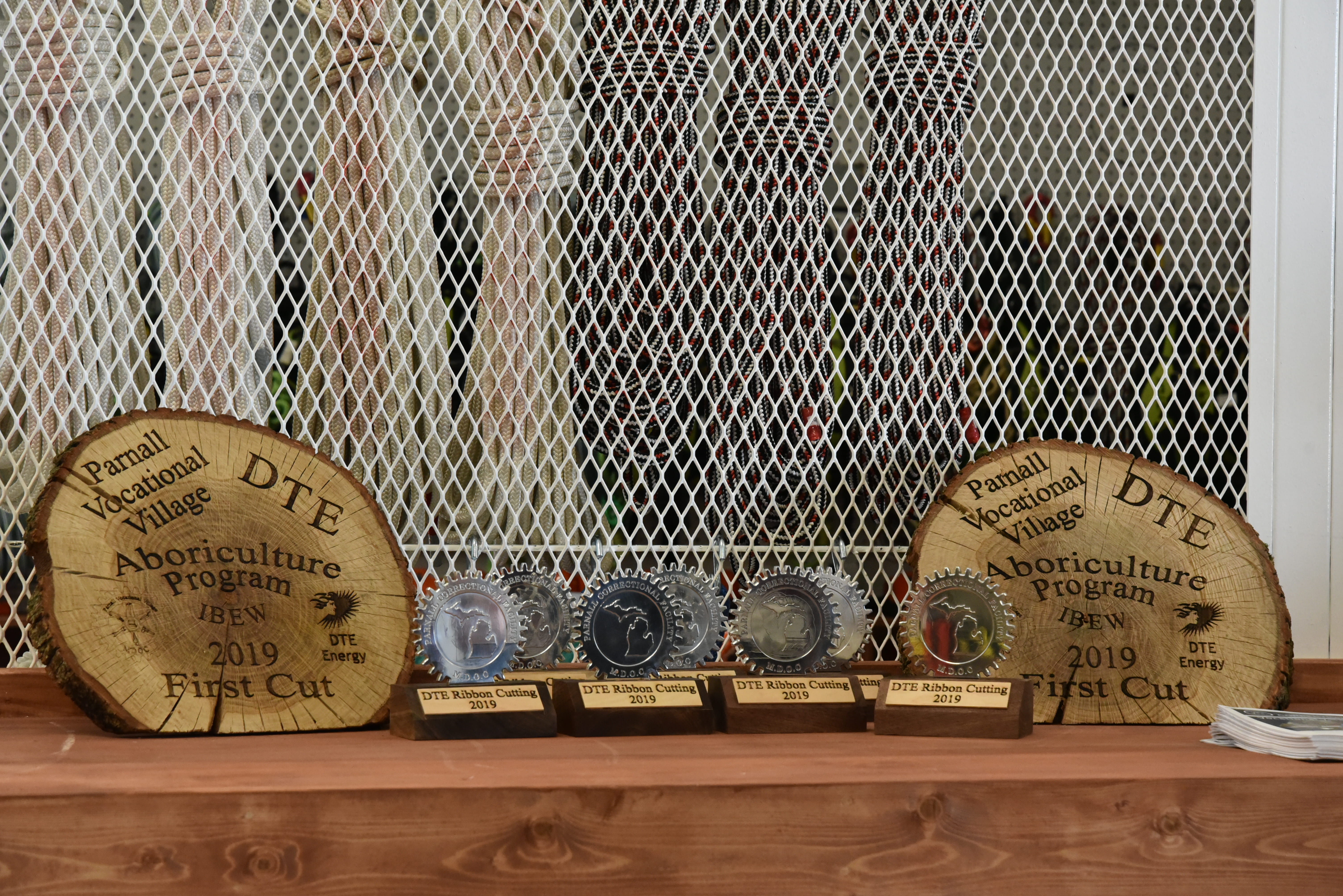 Photo of DTE ribbon cutting plaques made from wood and saw blade.