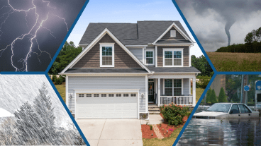 Multiple pictures: House, Lightning, Snow Storm, Tornado, Car in Flooded Street