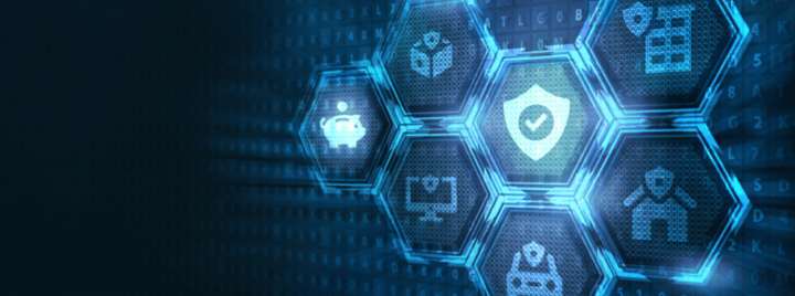 Blue graph with icons of a piggy bank, shield with a check mark, house, and computer screen