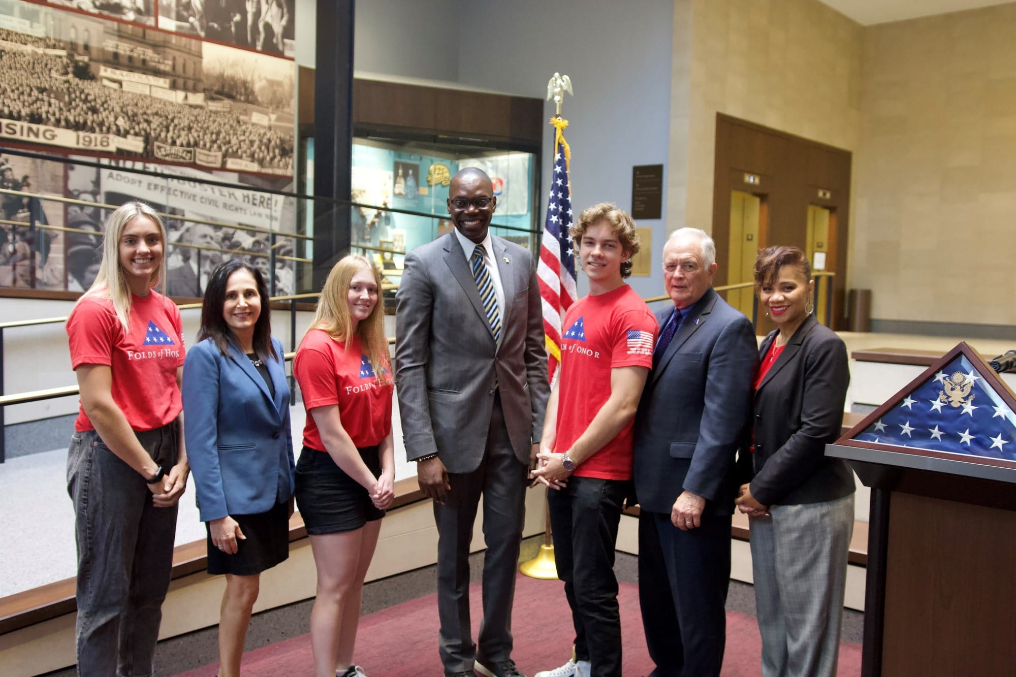Lt. Gov. Gilchrist, Director Fox, Director Adams, and Students of Michigan Military Families