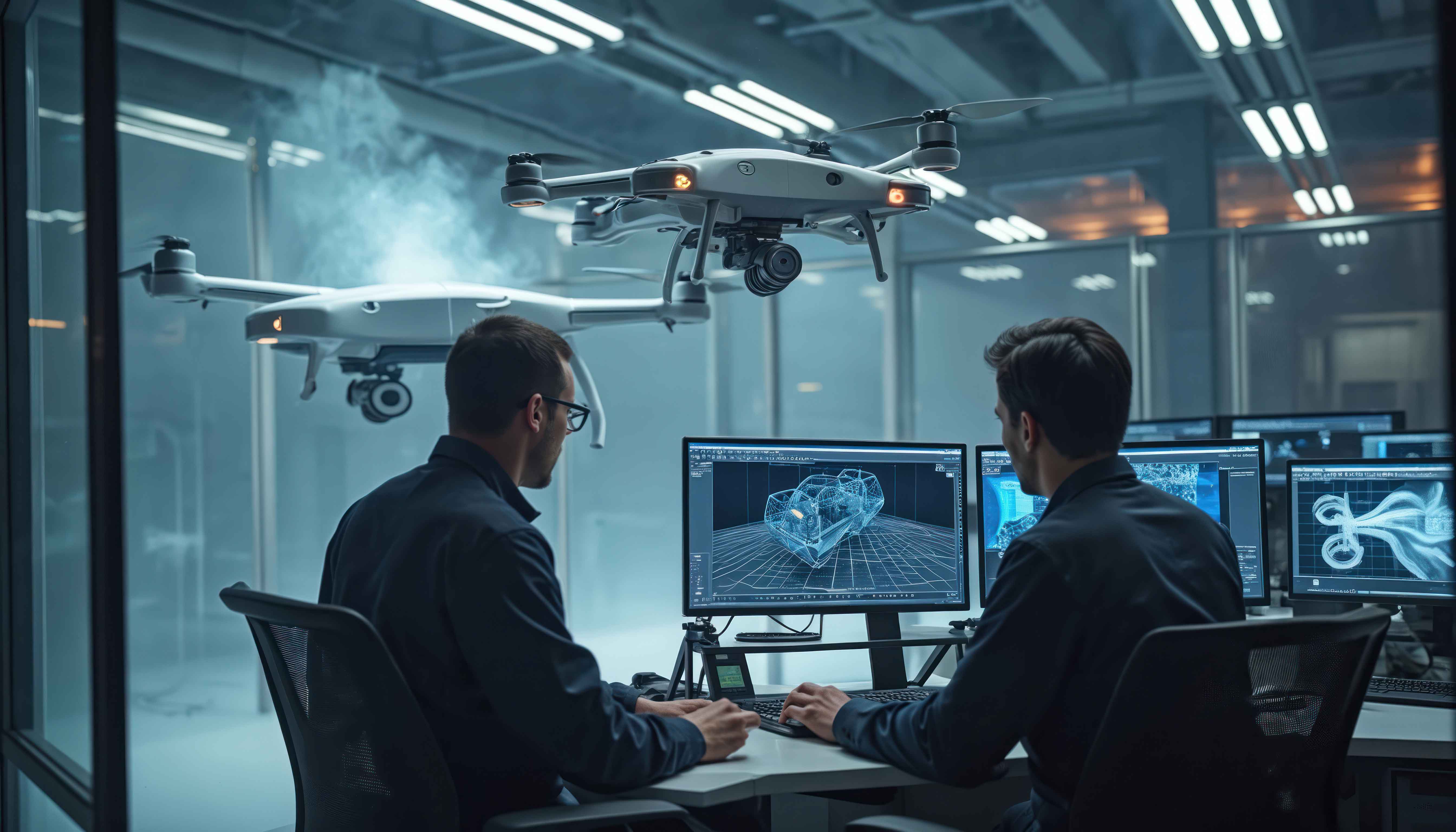two individuals sitting at a computer looking at a drone