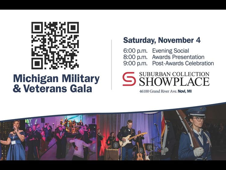 White banner advertising Michigan Military and Veterans Gala