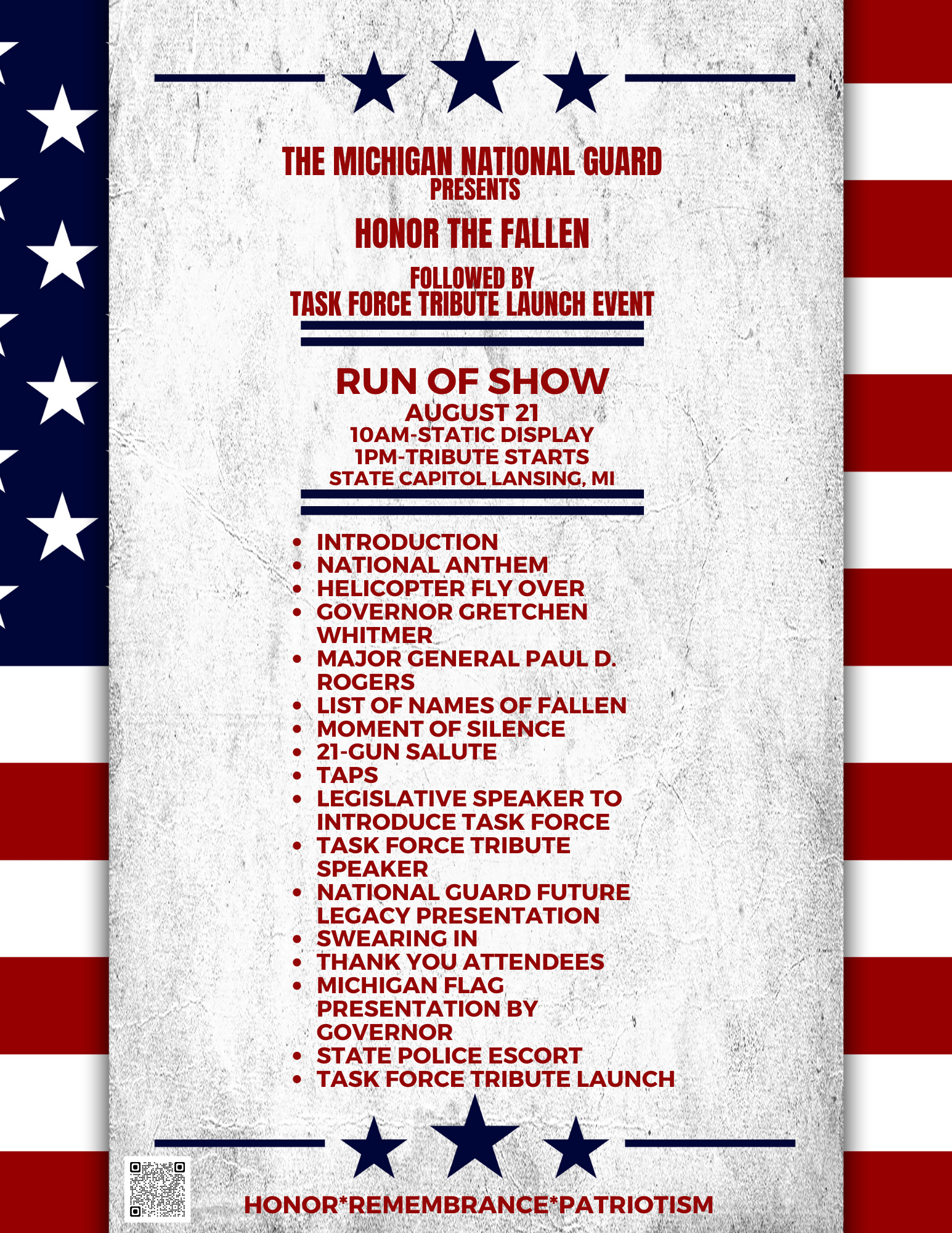 Honor the Fallen Tribute Flyer listing activities run of show to begin at 10:00 a.m.