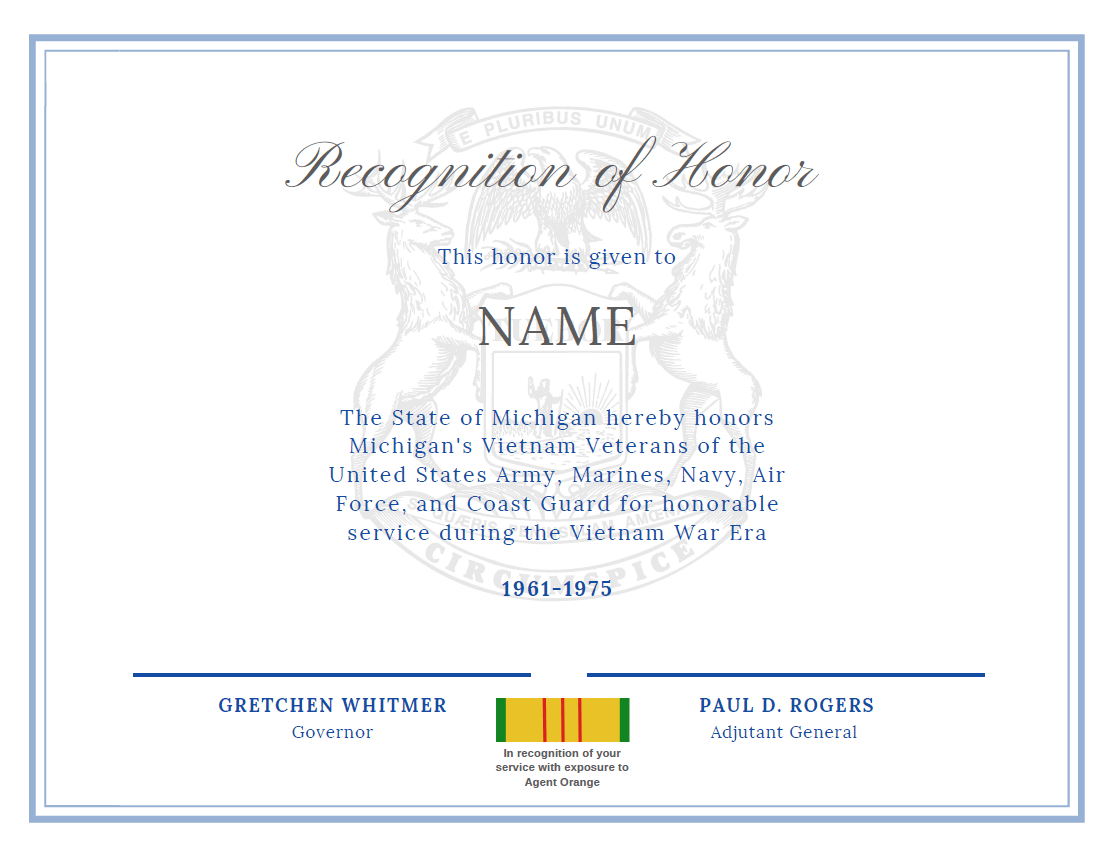 Michigan Veteran Recognition Certificate with State of Michigan seal and designation
