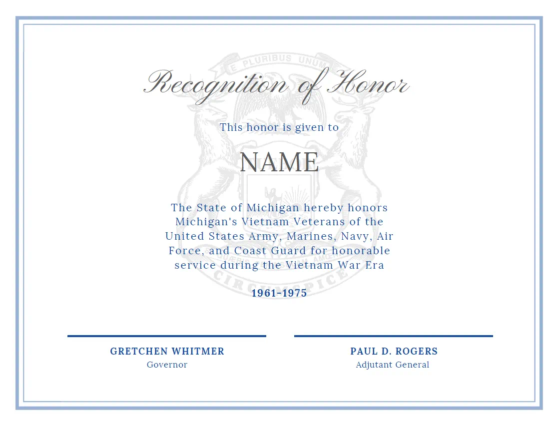 Michigan Veteran Recognition Certificate with State of Michigan seal