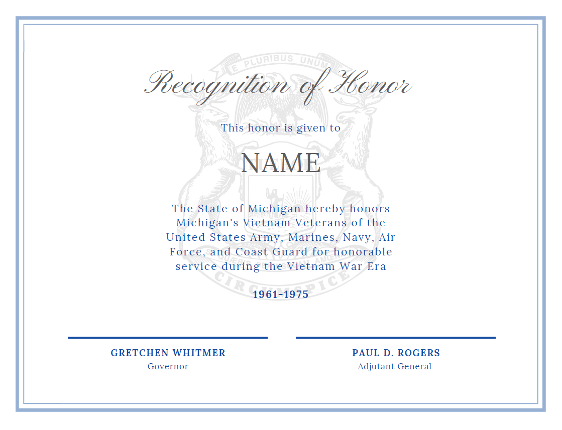 Michigan Veteran Recognition Certificate with State of Michigan seal