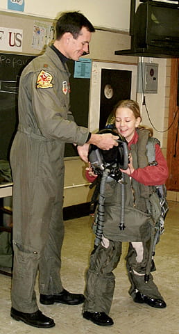 A student learns about pilot life support by trying on the G-suit.