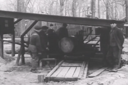 Old photograph of men standing at a saw mill near a cutter. The photo is black and white and dates back to 1925.