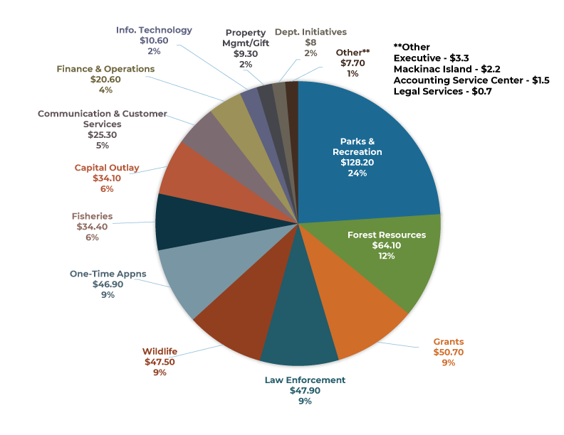 A pie chart showing distribution of DNR budget by area