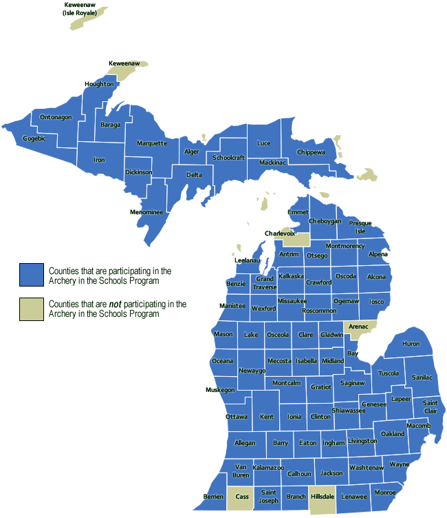 Map of Michigan showing counties participating in the DNR's Archery in the School program.