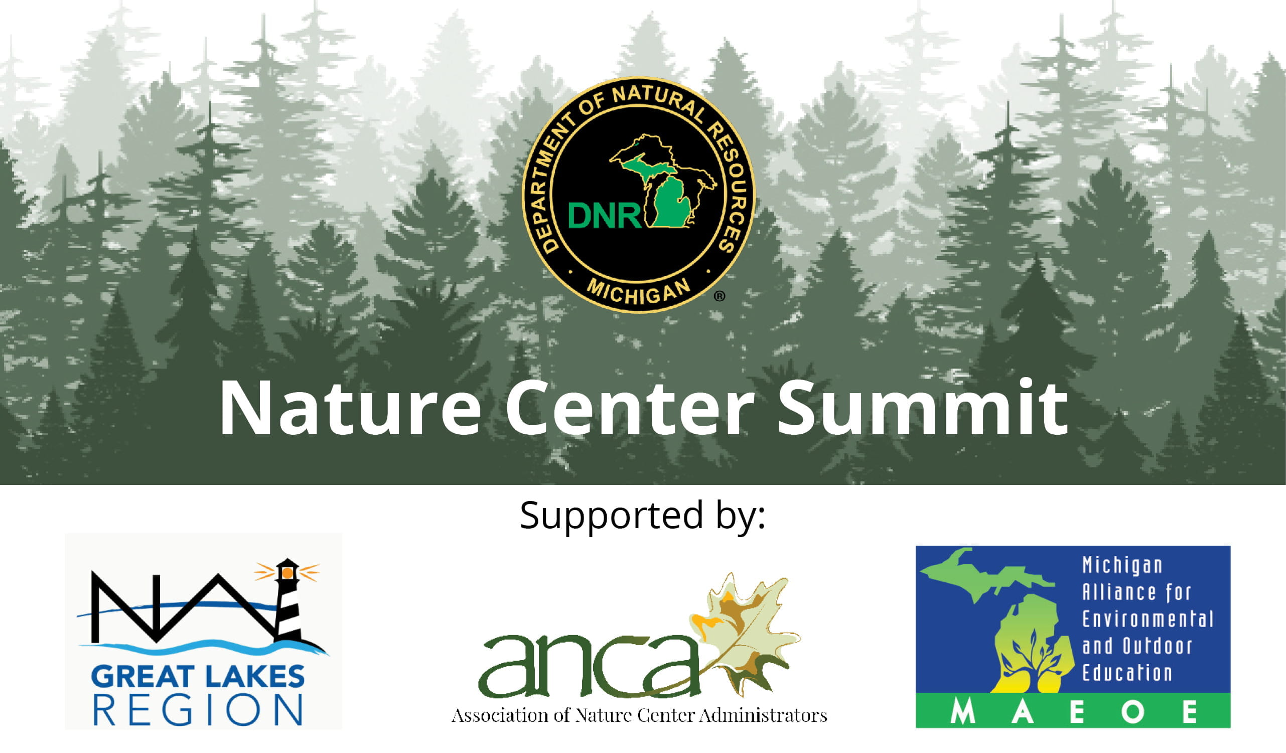 A banner with the outline of pine trees and the logos of the supporting organizations for the summit. 