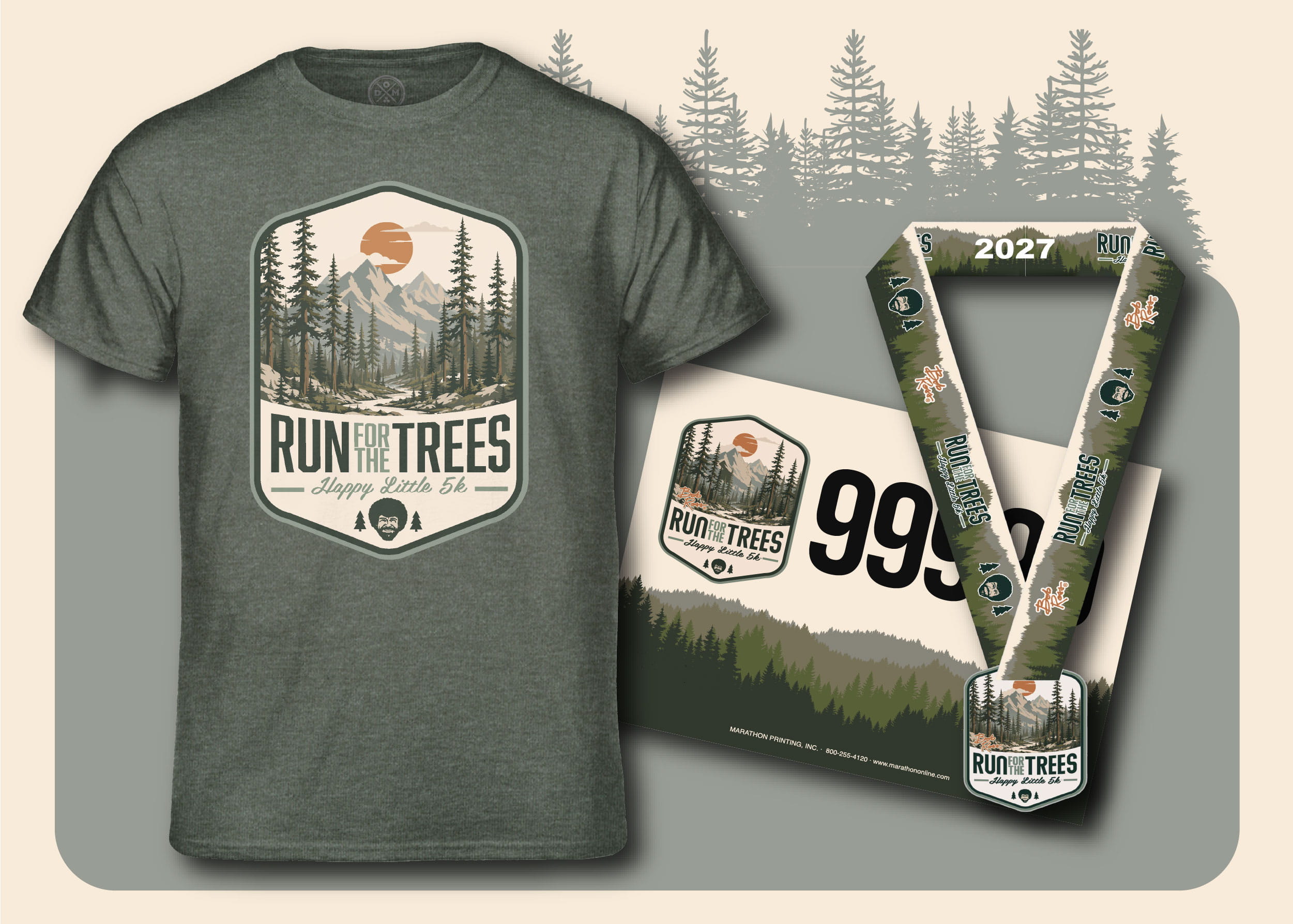 The 2027 HLT shirt, race bib and medal, which features a picture of trees, mountains and a sun.