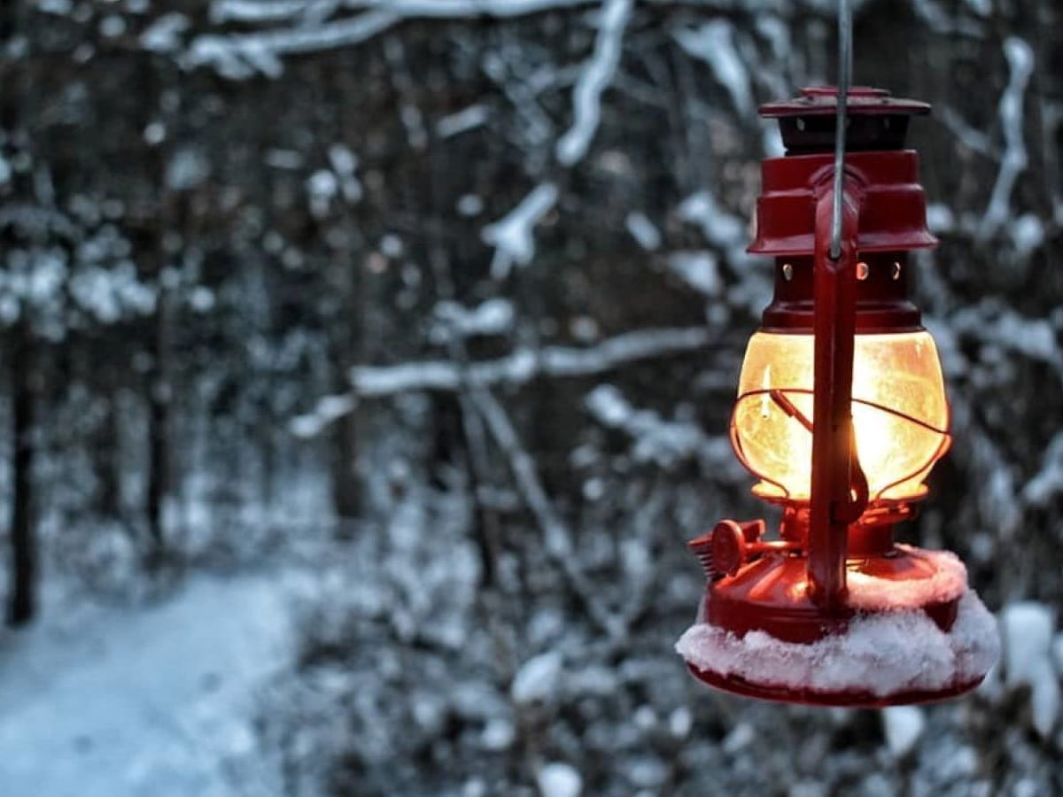 Snowy Lantern-lit Trail through the woods