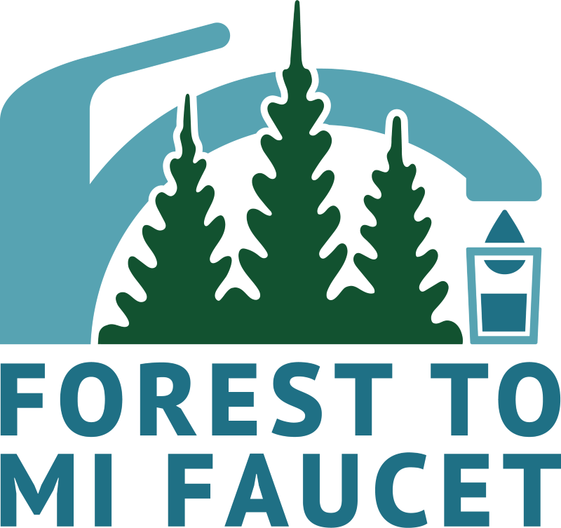Forest to Mi Faucet program graphic in blue and green showing trees and a faucet image