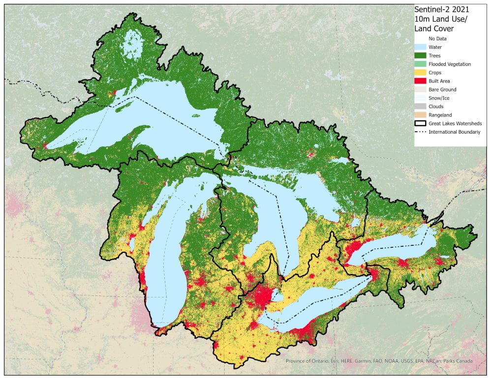 Land cover map showing built areas in red, mostly southern MI,  and areas with the most forest cover, mostly in the UP and northern lower MI