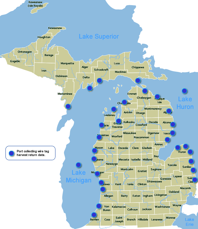 Map of Michigan coded wire tag program ports.