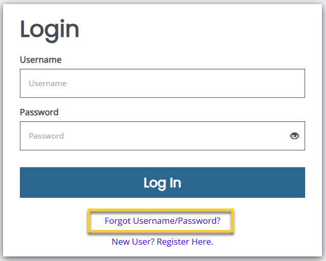 Screenshot of MiGrants log in screen, highlighted is the "Forgot Username/Password?" option