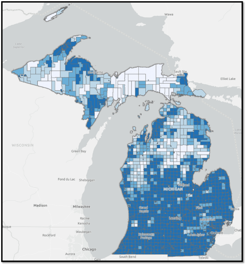 Parkland density map showing percentage of park land in Michigan by municipality