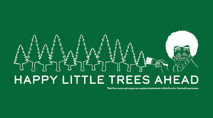 Green background with Happy Little Trees in white text and outline of a line of trees and Bob Ross with paintbrush
