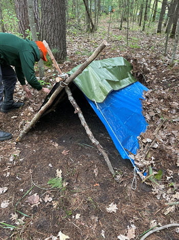 person builds makeshift shelter in the woods
