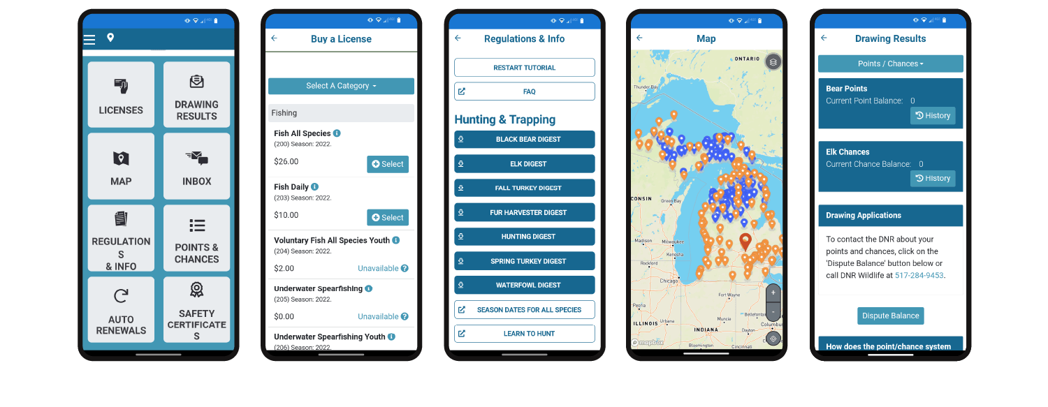 Hunt Fish mobile application screens