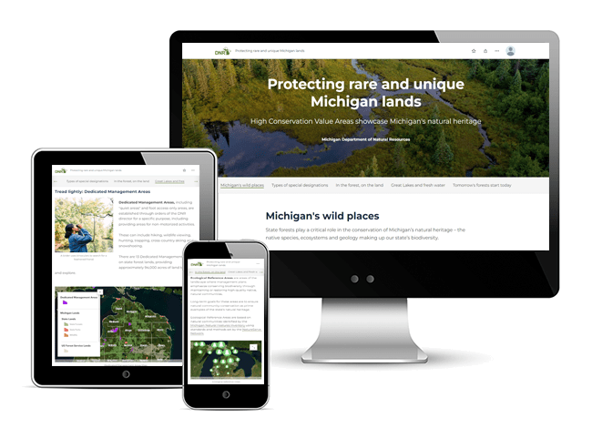Michigan Ecological Reference Areas storymap in desktop, tablet and mobile view