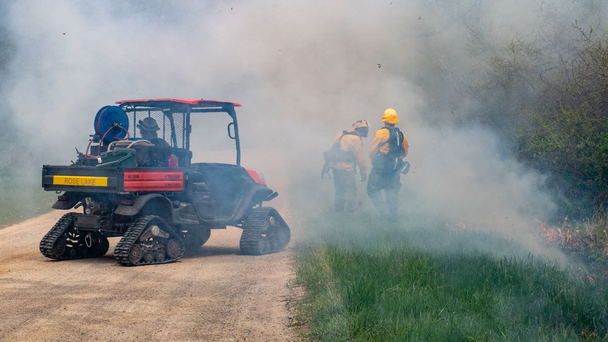 Firefighters work a smoky prescribed burn site next to a road with fire vehicles