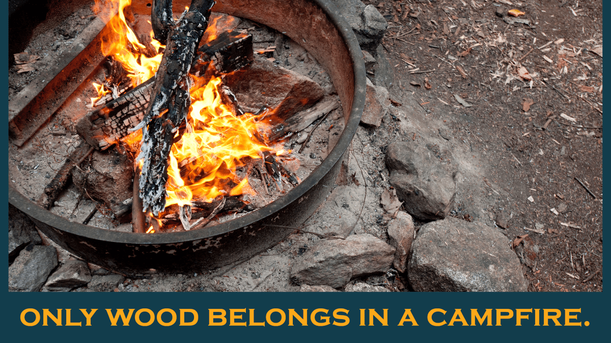 Campfire ring image with text: Only wood belongs in a campfire