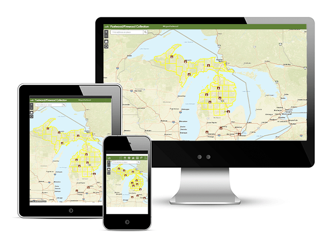 Image of fuelwood maps displayed on a computer monitor, tablet and cell phone