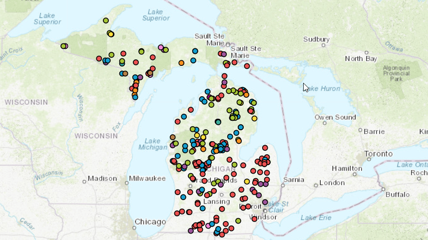 Map of Michigan showing dots where forest industry mills are located 