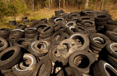 a pile of tires in the woods