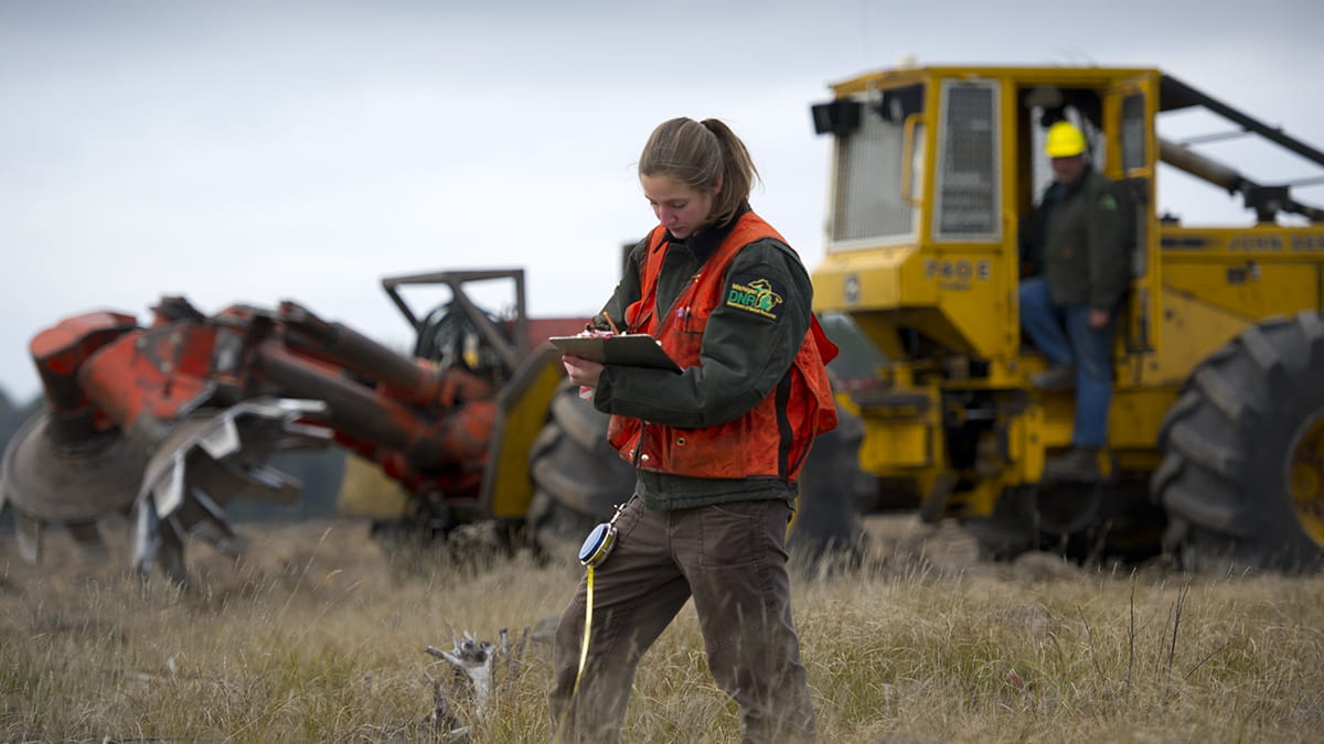 A DNR forester in the field with machinery in the background