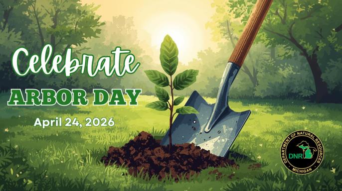 A shovel digging into the gound to plant a tree in honor of Arbor Day with text that reads "Celebrate Arbor Day April 24, 2026"