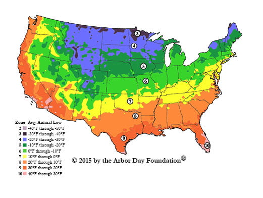 Colorful map of growing zone regions by temperature