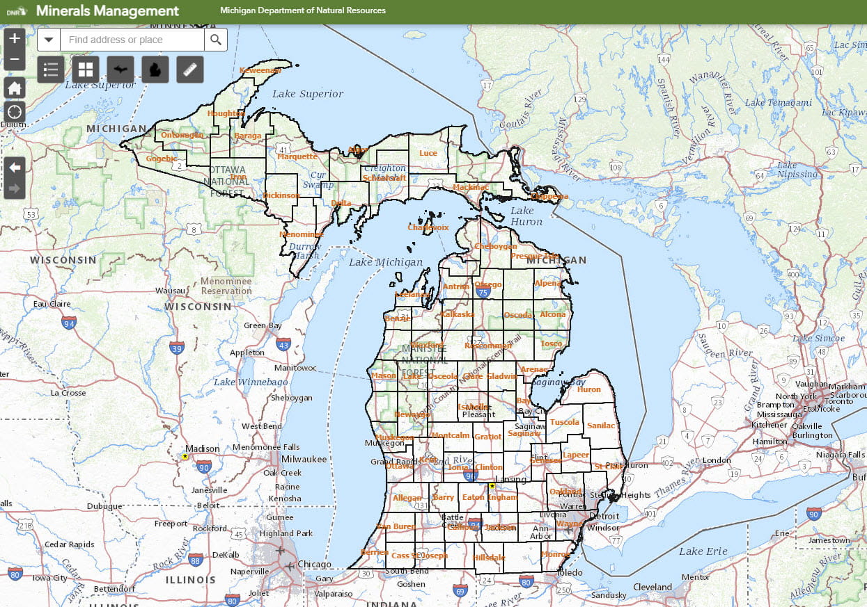 Screenshot of Minerals Management Interactive map, showing the state of Michigan and geologic features