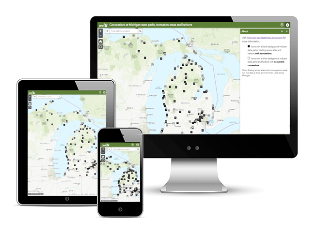 screenshot of state parks concessions map in mobile and desktop views