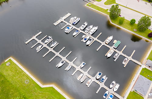 bird's eye view of boats in harbor slips