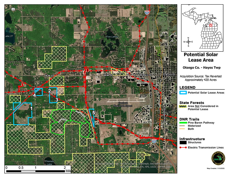 A map showing the boundaries of the five proposed areas and their proximity to Gaylord