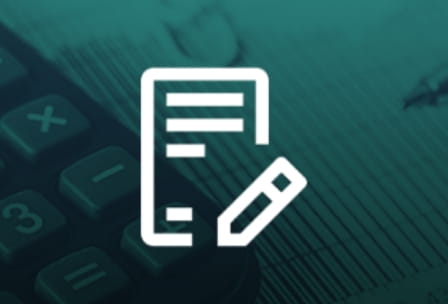 a graphic with a notepad and pencil in foreground and calculator in the background