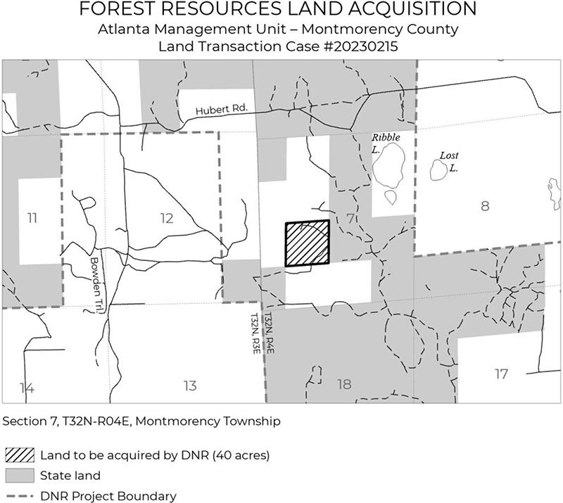 A map showing a forest resources acquisition in Montmorency County, land transaction case #20230216 