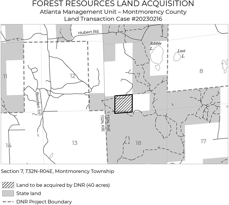 A map showing a forest resources acquisition in Montmorency County, land transaction case #20230215 