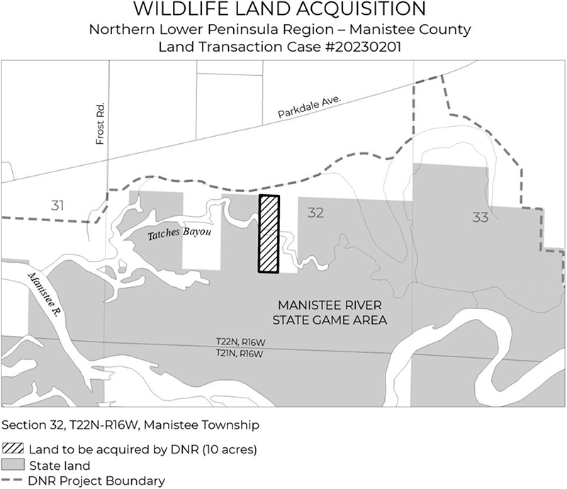A map showing land transaction case #20230201 Wildlife Land Acquisition in Manistee County