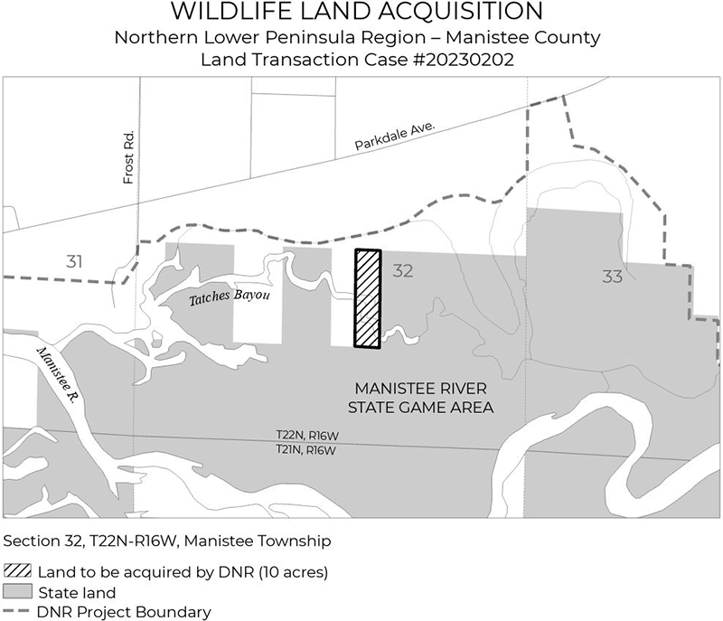 A map showing land transaction case #20230202 Wildlife Land Acquisition in Manistee County