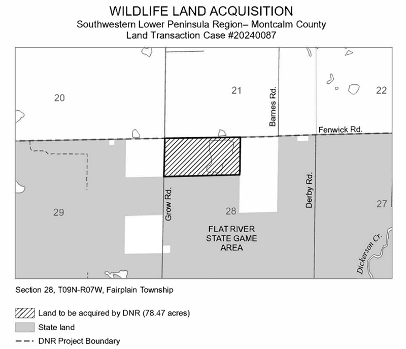 20240087 Buchholz Purchase map: The acquisition of 78.47-acres of land in Montcalm County, now being managed as part of the Flat River State Game Area. The land mainly consists of an oak forest, a large wetland complex, and cropland. 