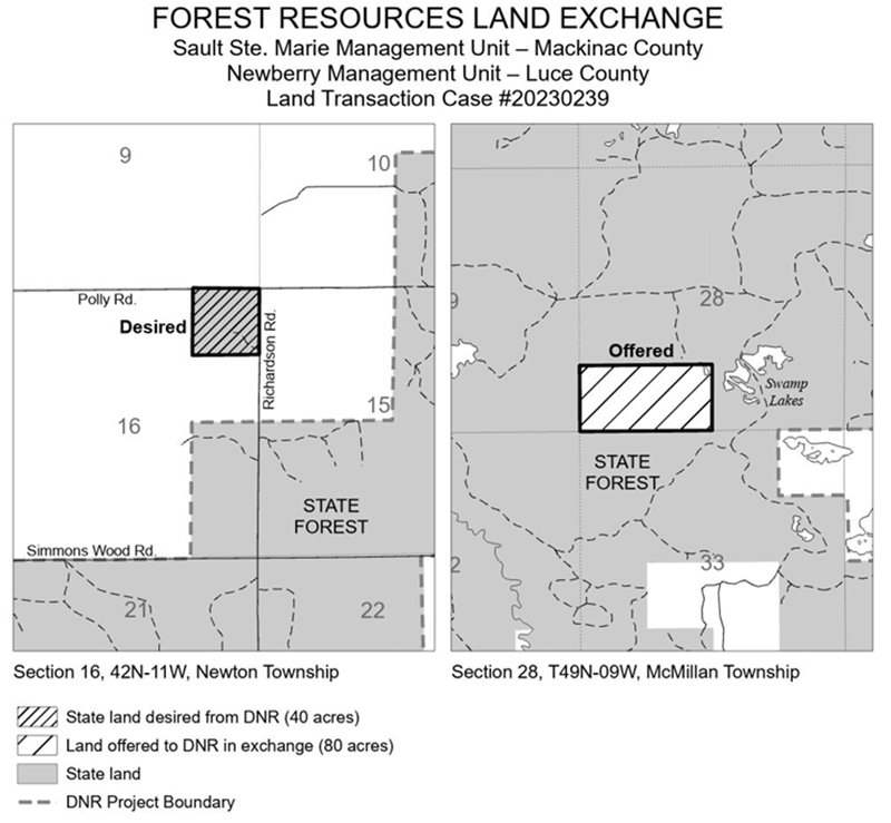 20230239 Clark Exchange map: This exchange was offered by the applicant to acquire 40-acres of state-owned land that was surrounded by private ownership and approved in the “Exchange” category in the State Land Review, in exchange for 80-acres of land surrounded by state forest land. 