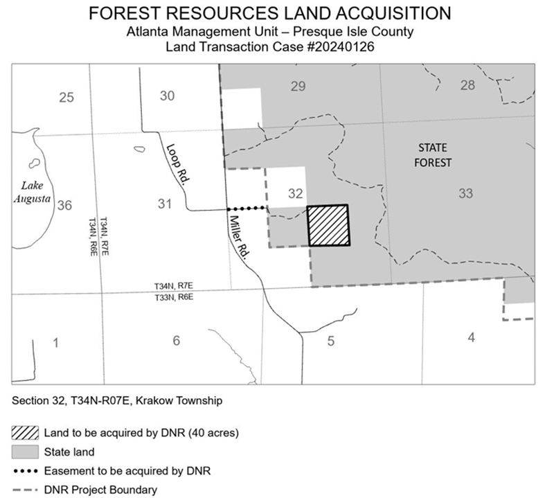 20240126 Mischley Purchase Map: The acquisition of 40-acres of forestland in Presque Isle County, now being managed as part of the Atlanta State Forest Management Unit. The property was surrounded by state forest land and includes an easement across private property, creating better access and more efficient land management. 