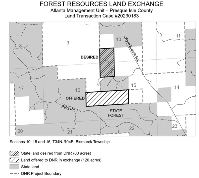 20230183 Vekaryasz Exchange map: This exchange was offered by the applicant to acquire 80-acres of state-owned land that had been classified as “Dispose” during the State Land Review. In exchange, the applicant offered 120-acres of private land that better consolidates DNR-managed land. 