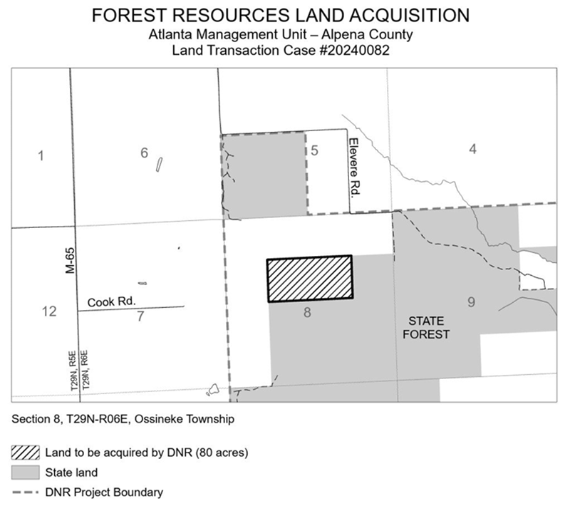 20240082 Garner Purchase map: The acquisition of 80-acres of lowland conifer forest in Alpena County, now being managed as part of the Atlanta Forest Management Unit.