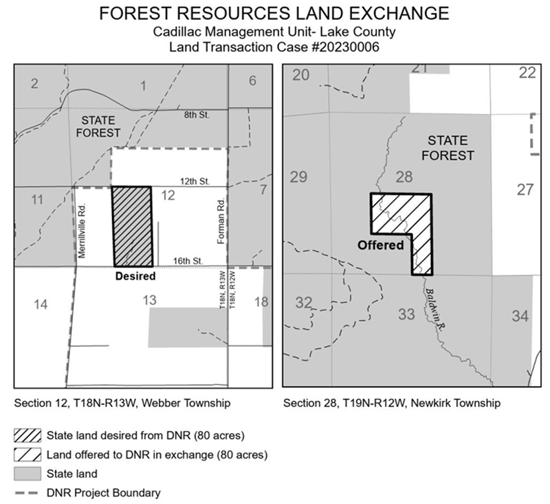 20230006 Weeks Exchange Map: This transaction was an 80-acre for 80-acre land exchange in Lake County. The applicant offered 80-acres of private land that was surrounded by state-owned land in exchange for 80-acres of state-owned land that was surrounded by private ownership